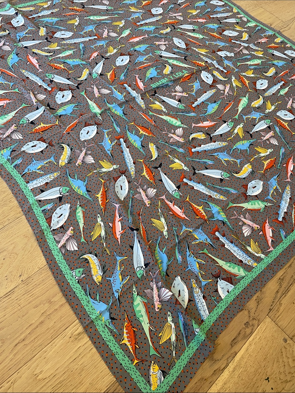 Multicolor Fish-Print Silk Scarf with Green Trim